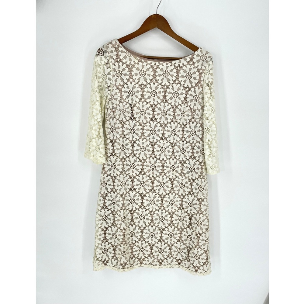 J Howard Ivory Geometric Lace Shift Dress Nude‎ Lining 3/4 Sleeve Size 14